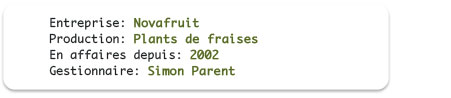 Entreprise: Novafruit; Production: Cultivars de fraises;  En affaires depuis: 2002; Dirigeant: Simon Parent