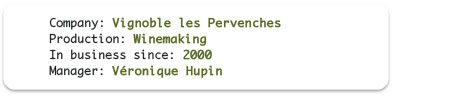 Company: Vignoble les Pervenches; Production: Winemaking; In business since: 2000; Manager: V&eacute;ronique Hupin